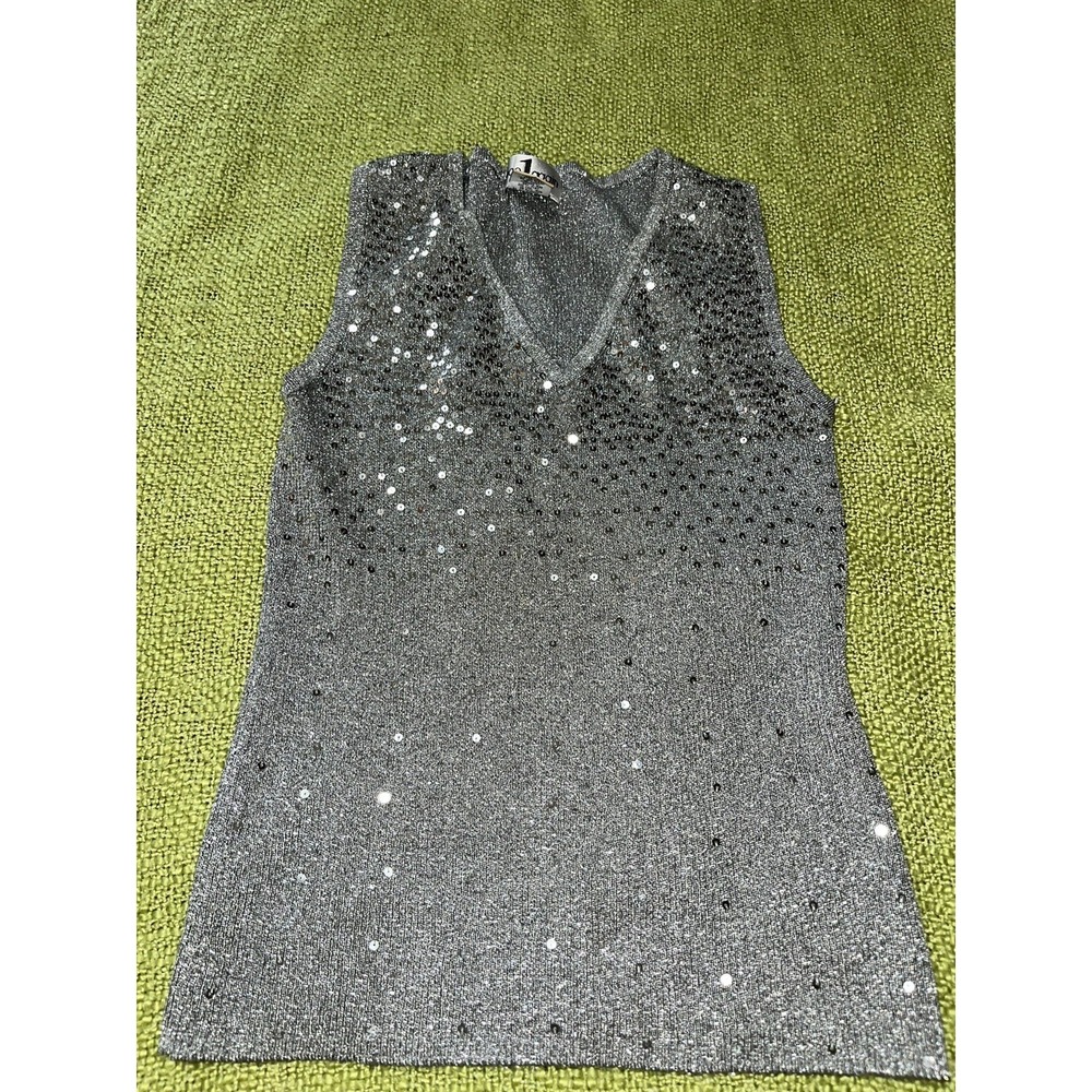 Once‎ 1 Again Womens Silver Metallic Sequin V-Neck Knit Tank Top Size L Party